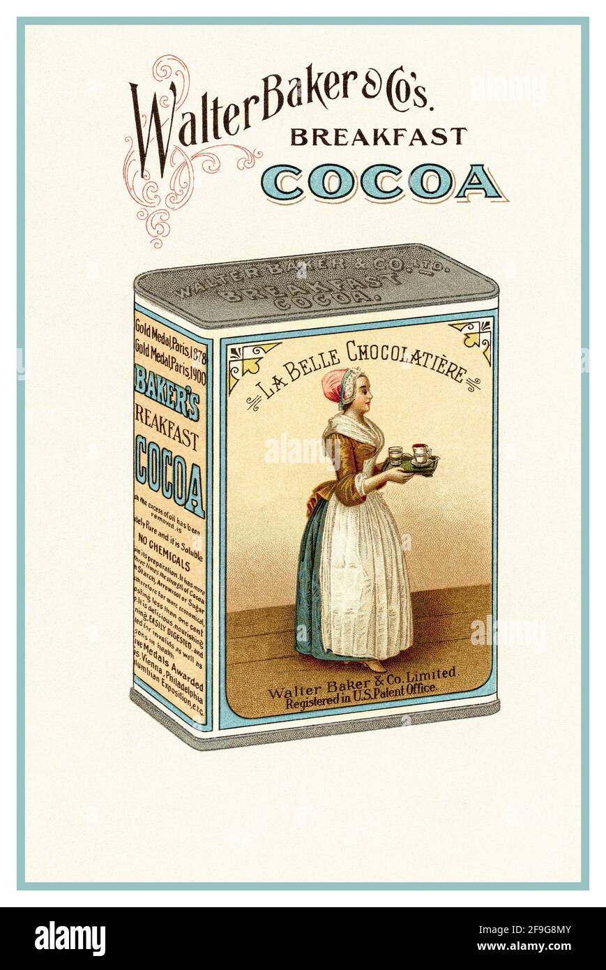 Pubblicità americana sul cacao del 1900 per la prima colazione di Walter Baker & Co. Lo stagno di cacao presenta il logo di Walter Baker Co la Belle Chocolatiere, il server di cioccolato. L'immagine è da un opuscolo intitolato Choice Recipes di Miss Parloa e altri insegnanti noti, 1908. Foto Stock
