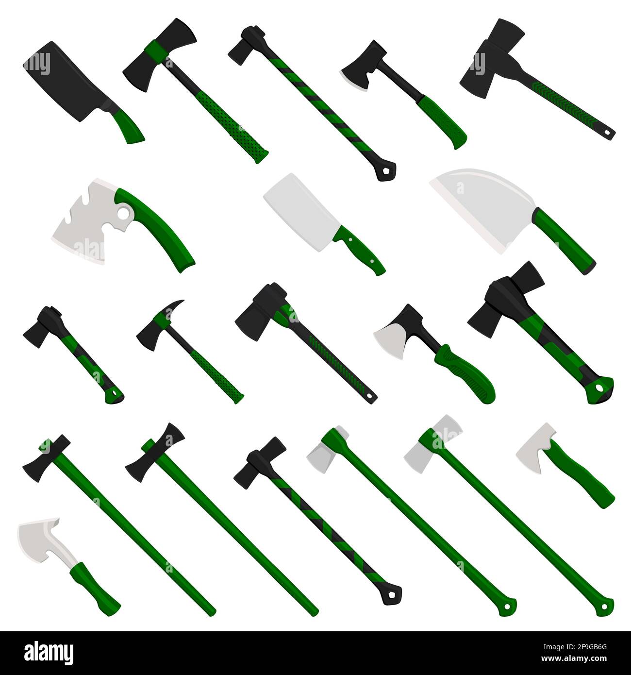 Illustrazione sul tema grandi assi in acciaio kit con manico in legno, ascia in metallo per caccia. Il pattern AX è composto da molti assi diversi su sfondo bianco. F Illustrazione Vettoriale