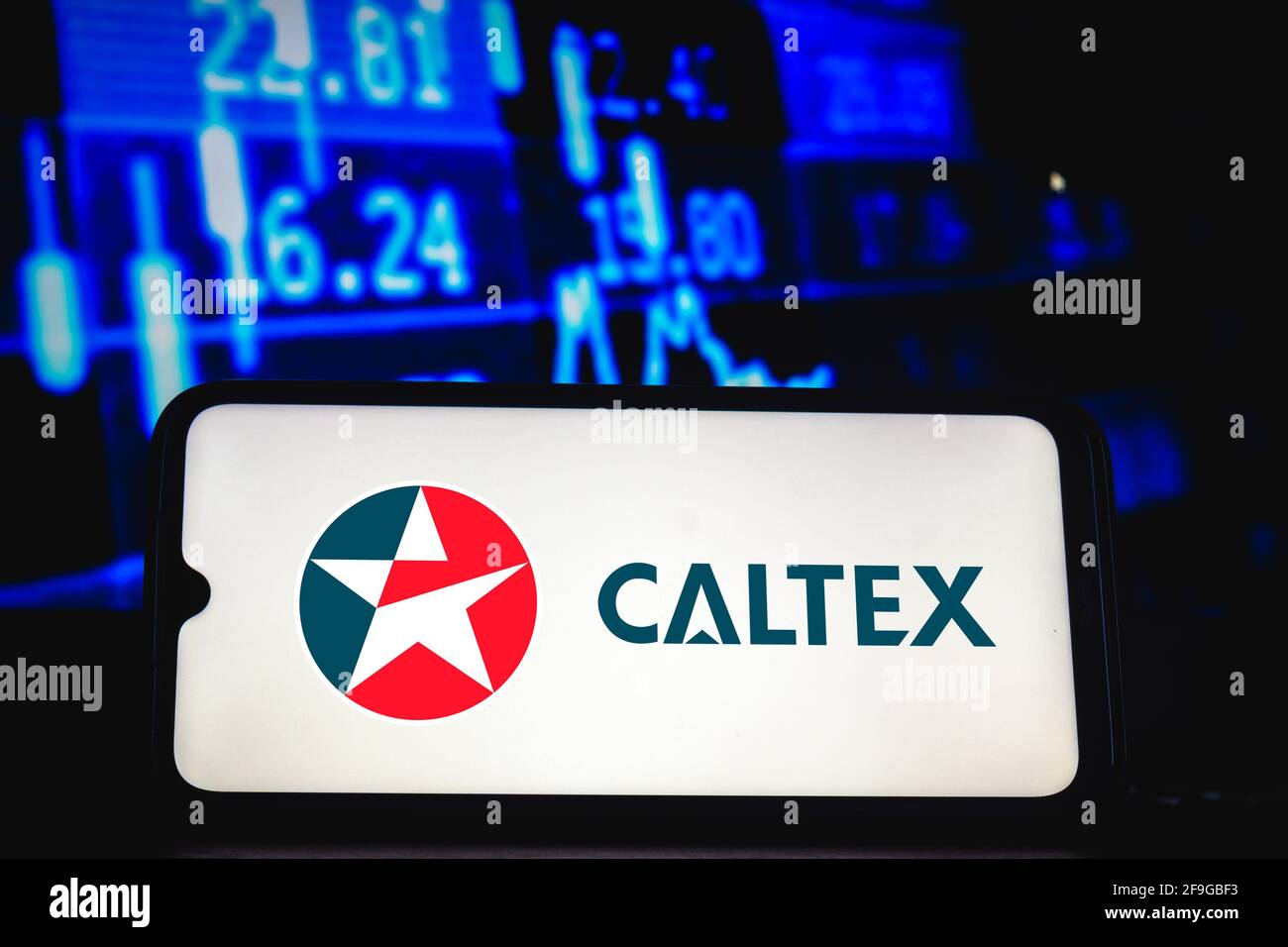 Brasile. 18 Apr 2021. In questa illustrazione fotografica viene visualizzato il logo Caltex sullo schermo di uno smartphone. Credit: SOPA Images Limited/Alamy Live News Foto Stock