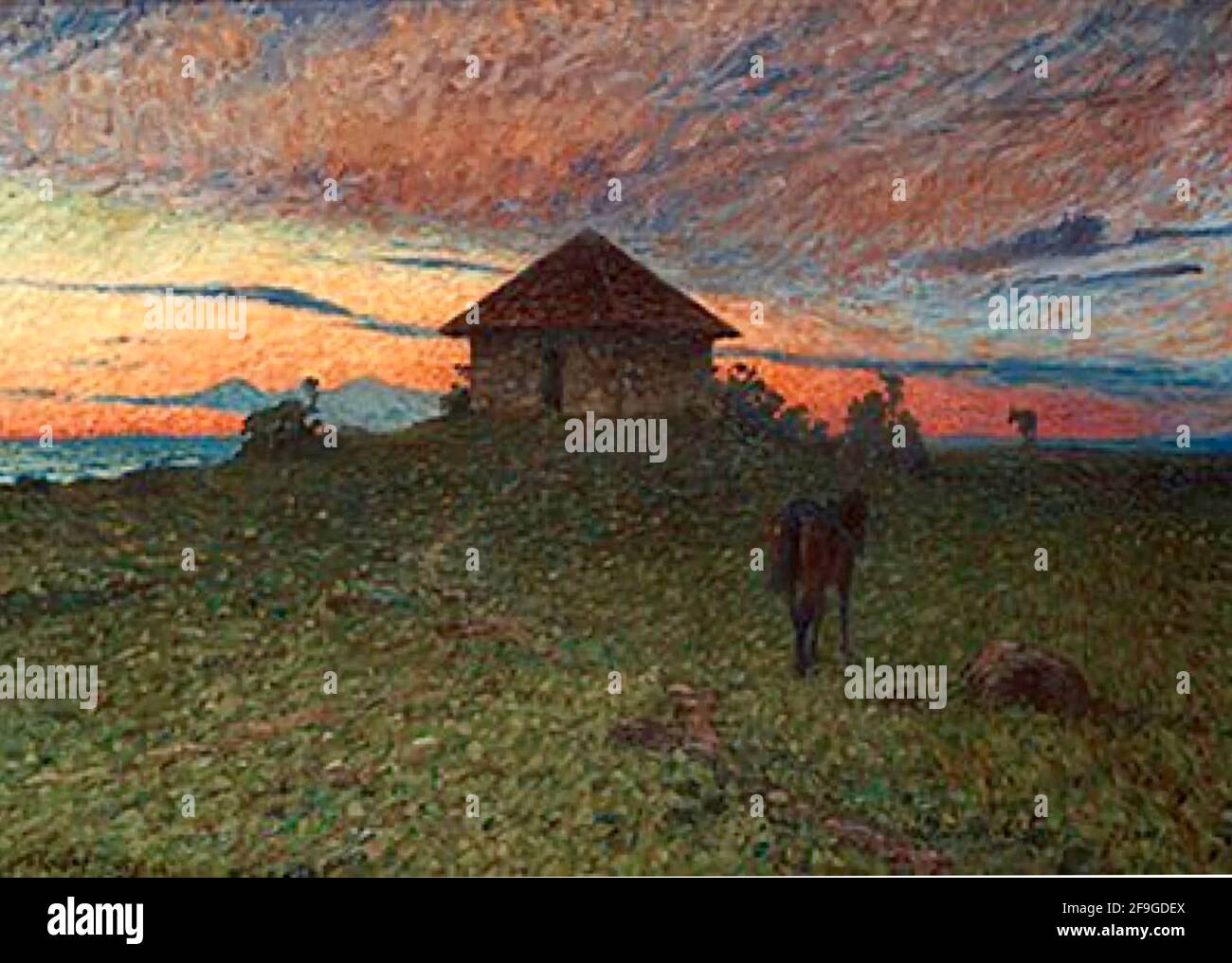 Nils Kreuger artwork intitolato Landscape with Horses - bella scena lucernaria in un ambiente rurale con cavalli di fronte a un edificio. Foto Stock