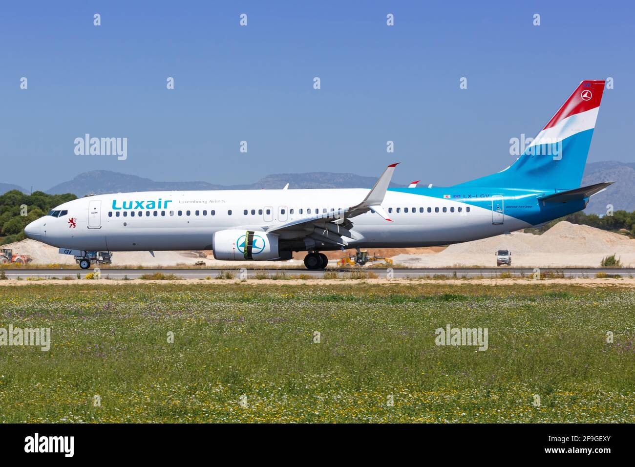 Palma de Mallorca, Spagna - 11 maggio 2018: Aereo Luxair Boeing B737-800 all'aeroporto di Palma de Mallorca (PMI) in Spagna. Boeing è un produttore di aeromobili Foto Stock