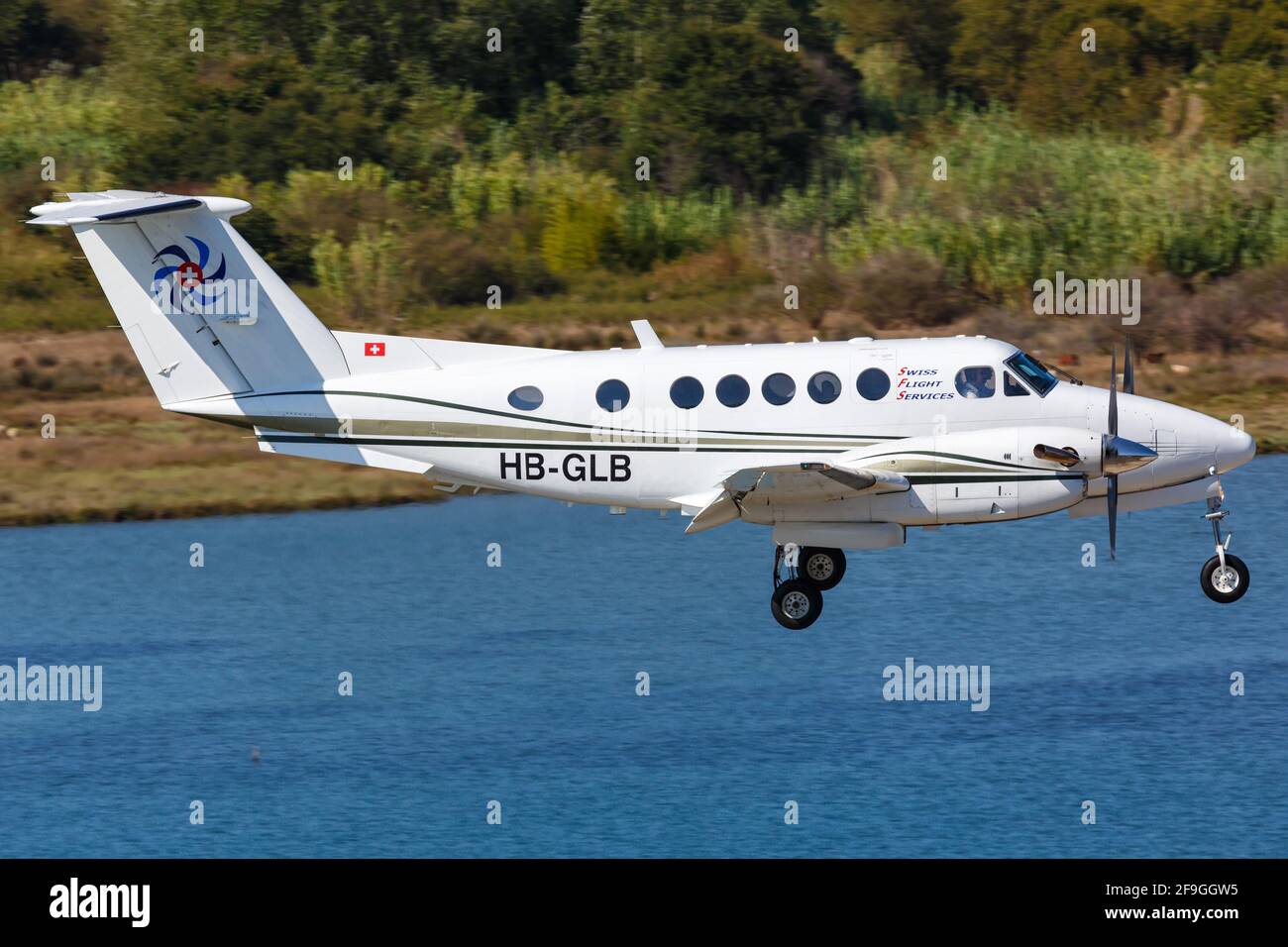 Corfù, Grecia – 14. Settembre 2017: Servizio di volo svizzero King Air all'aeroporto di Corfù (CFU) in Grecia. Foto Stock