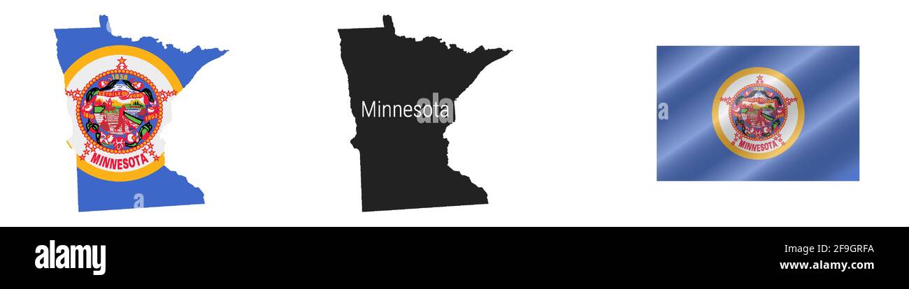 Mappa dello stato degli Stati Uniti del Minnesota con bandiera mascherata. Silhouette dettagliata. Bandiera ondulata. Illustrazione vettoriale isolata in bianco. Illustrazione Vettoriale