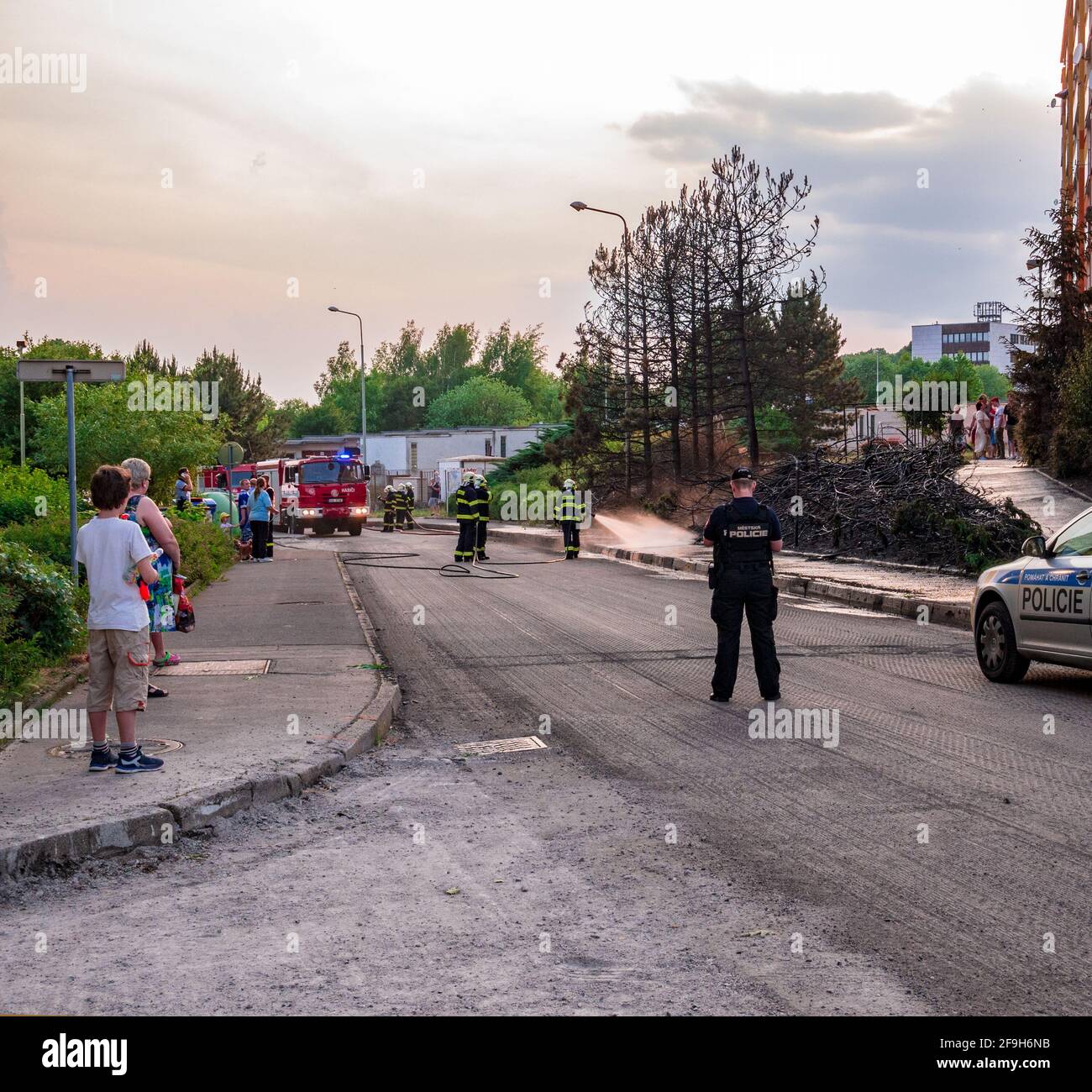 Usti nad Labem, repubblica Ceca - 5.29.2018: I vigili del fuoco eliminano il fuoco di cespugli e alberi nella tenuta di alloggiamento Foto Stock