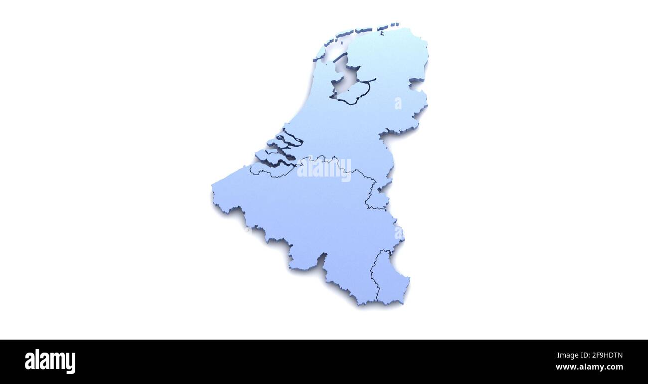 Unione Benelux. Benelux Paesi mappa e bandiera 3D illustrazioni su sfondo bianco. Foto Stock