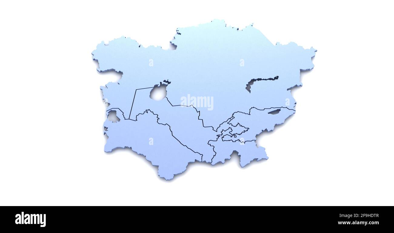 Unione dell'asia centrale. I paesi dell'asia centrale mappano e bandierano illustrazioni 3D su sfondo bianco. Foto Stock