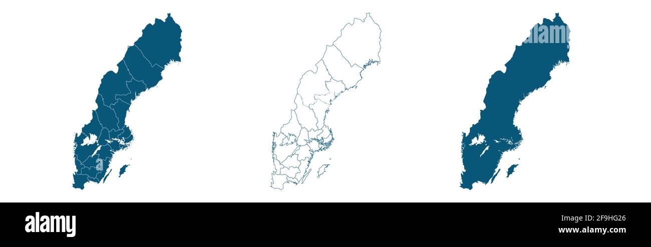 Insieme di mappe politiche della Svezia con regioni e bandiere mappa isolata su bianco Illustrazione Vettoriale