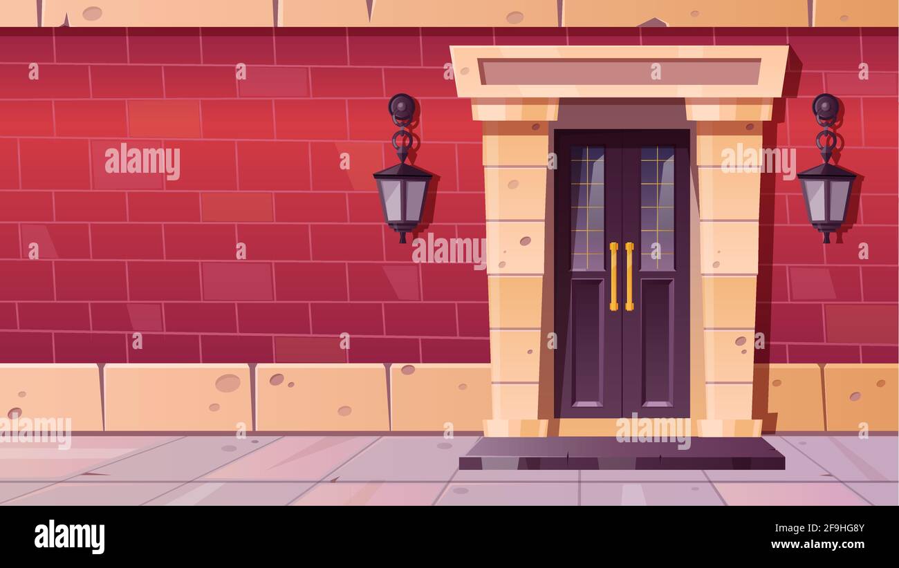 Porta anteriore con telaio in pietra nella vecchia facciata dell'edificio da mattoni rossi. Cartoni animati vettoriali illustrazione di casa d'epoca con porta in legno viola, gradino e lanterne Illustrazione Vettoriale
