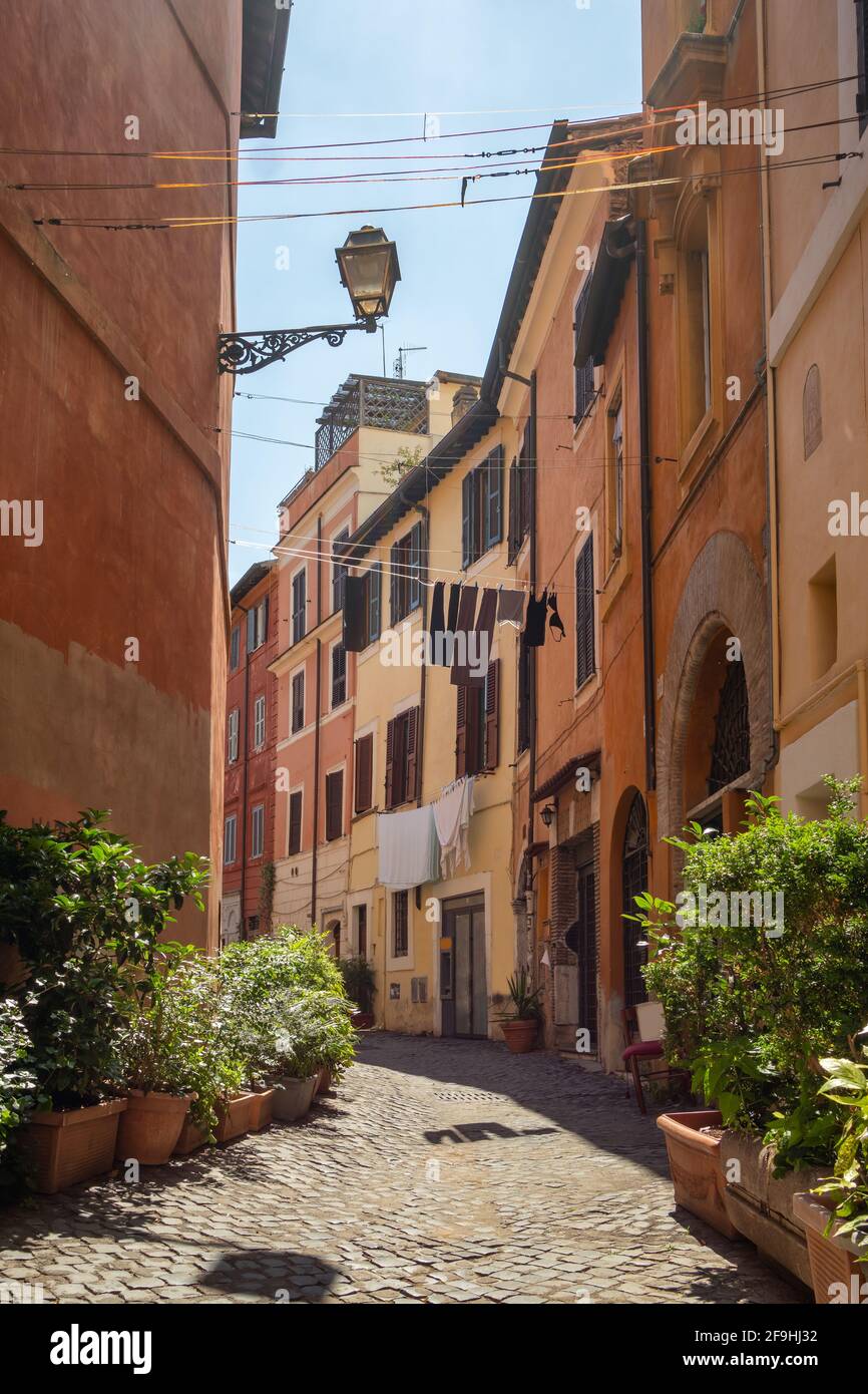 Accogliente strada stretta con lavanderia a secco nel quartiere di Trastevere, Roma, Italia Foto Stock