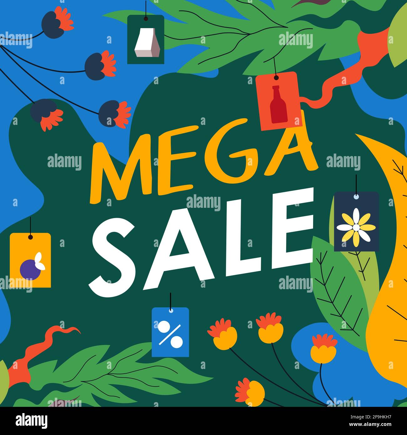 Striscione promozionale Mega sale con fogliame di foglie Illustrazione Vettoriale
