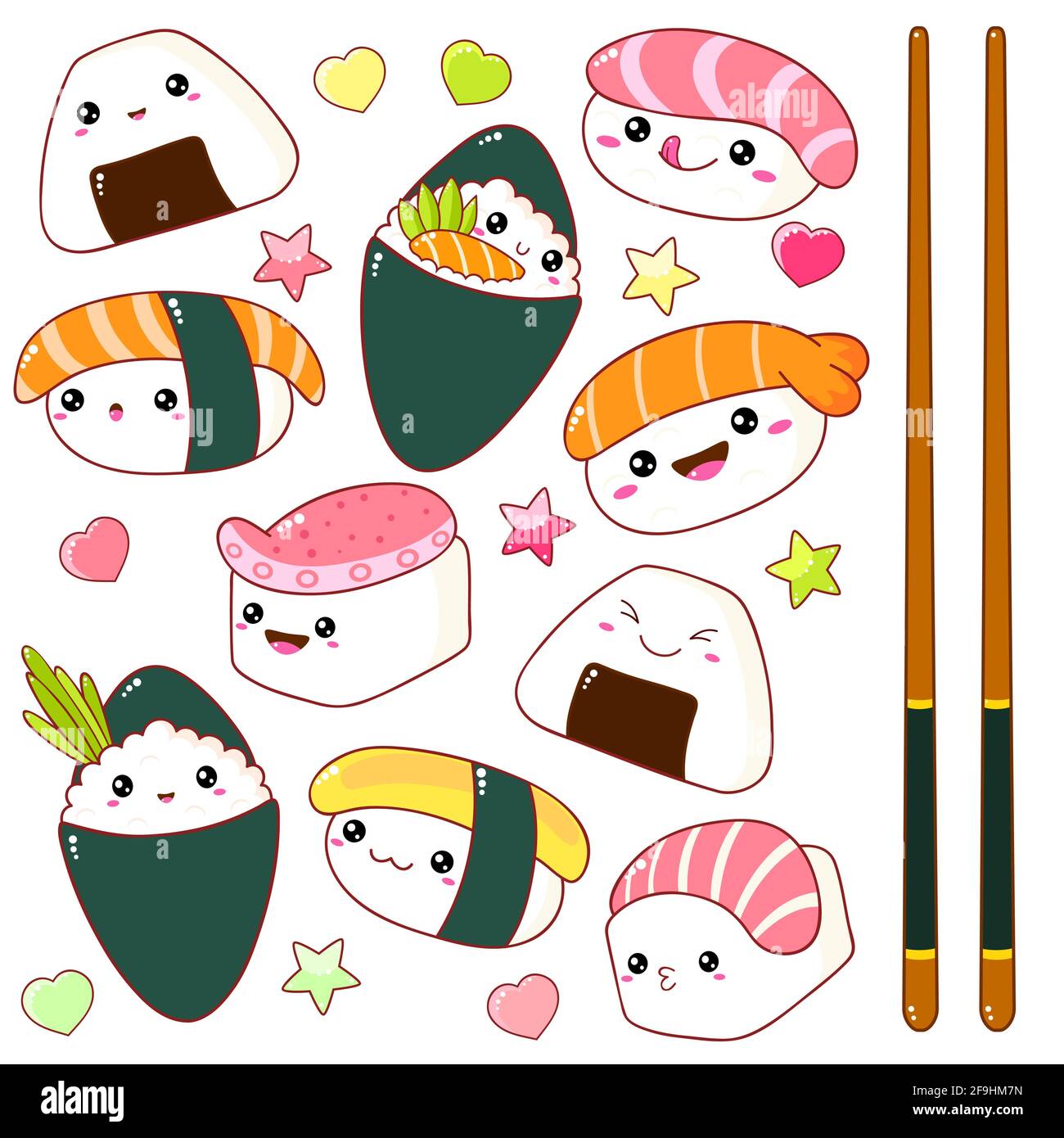 Set di carino e sushi rotoli icone in stile kawaii con volto sorridente e guance di rosa. Giapponese cucina tradizionale piatti. Temaki, bastoncini, nigiri, Illustrazione Vettoriale