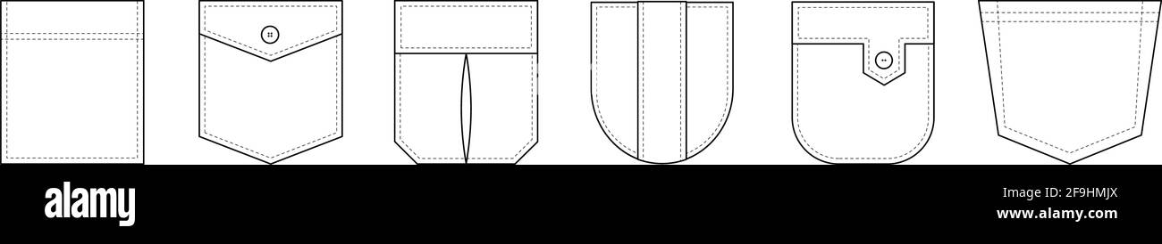 Tasca patch. Set di tasche patch uniformi per abiti, abiti, camicia, jeans casual. Icone isolate. Illustrazione Vettoriale
