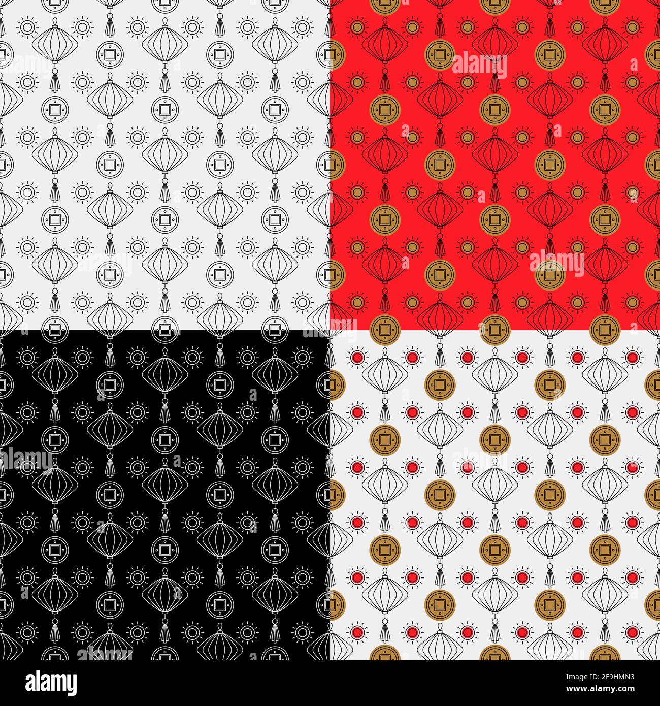 Set di motivi senza giunture con lanterna di carta cinese. Illustrazione Vettoriale