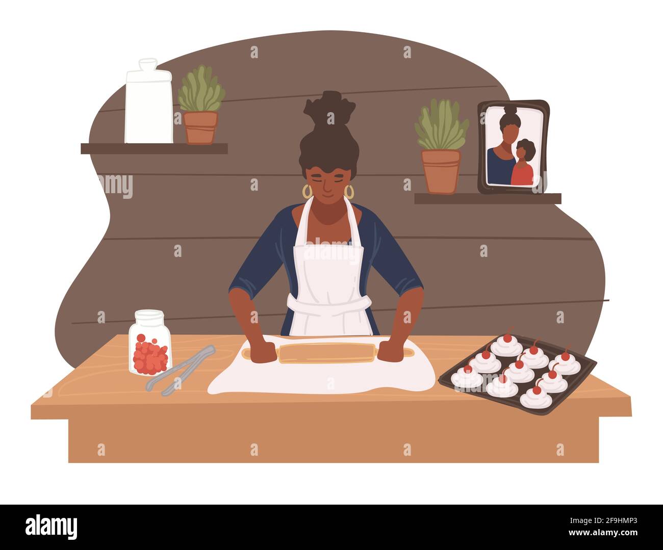 Biscotti da forno a carattere femminile a casa in cucina Illustrazione Vettoriale