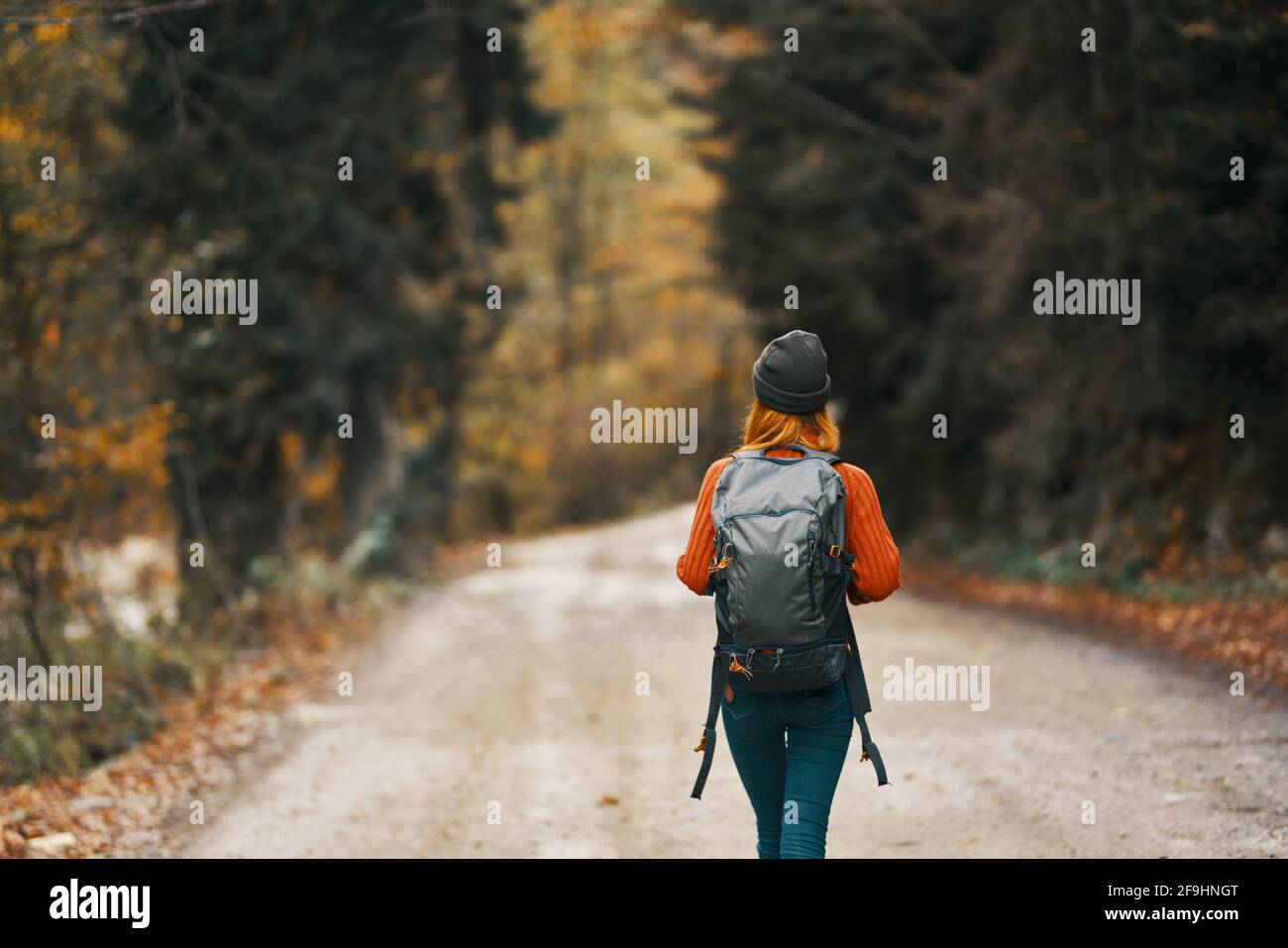 donna con uno zaino in un cappello e un arancione maglione sulla strada nella foresta d'autunno Foto Stock