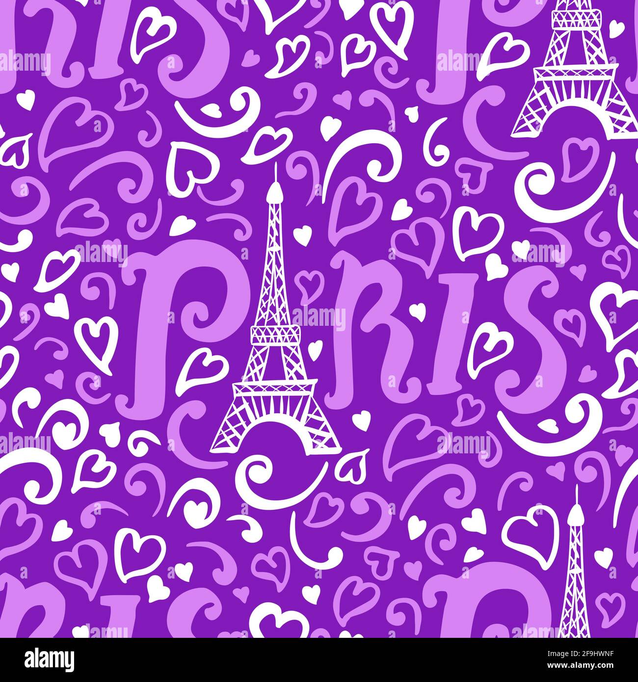 Ripetizione senza giunture. Torre Eiffel con scritta Parigi. Moderno design viola brillante per le ragazze dei bambini. Cuori astratti e disegno della mano di swirl. Vettore Illustrazione Vettoriale