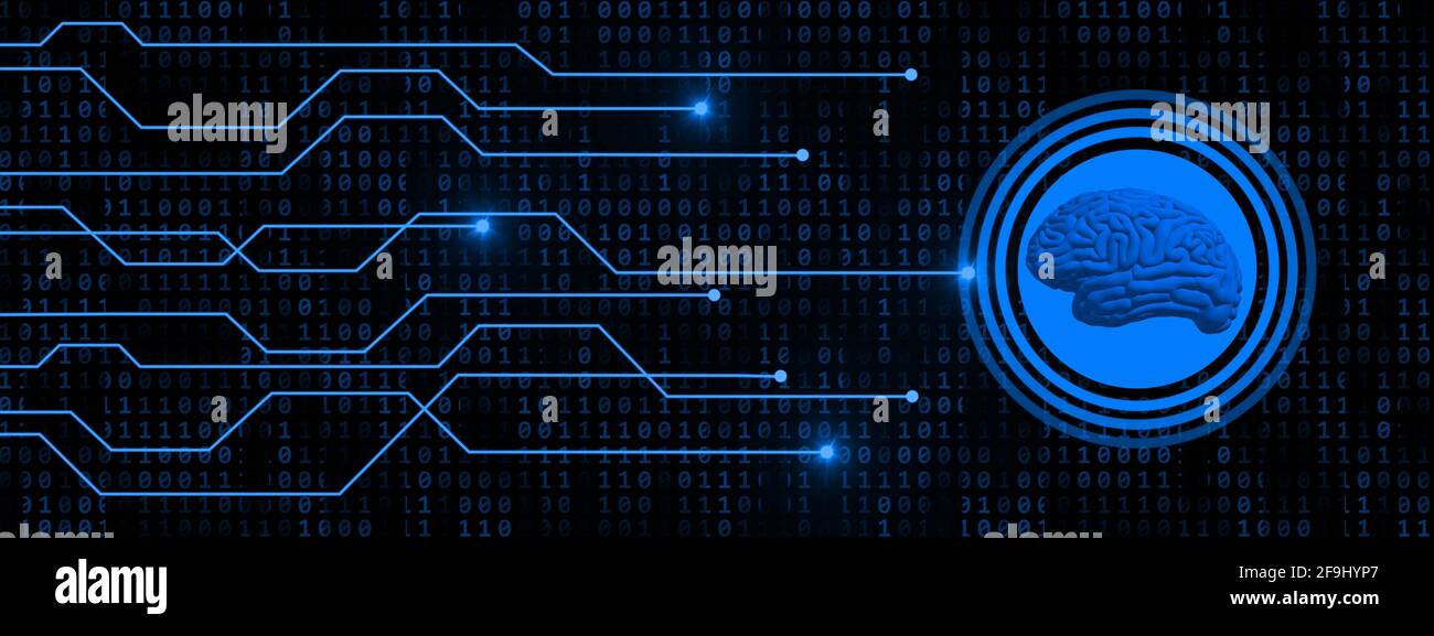 Cervello umano simbolico per intelligenza artificiale su pulsante con informazioni che collegano linee su sfondo codice binario - astratto cyber tecnologia Foto Stock