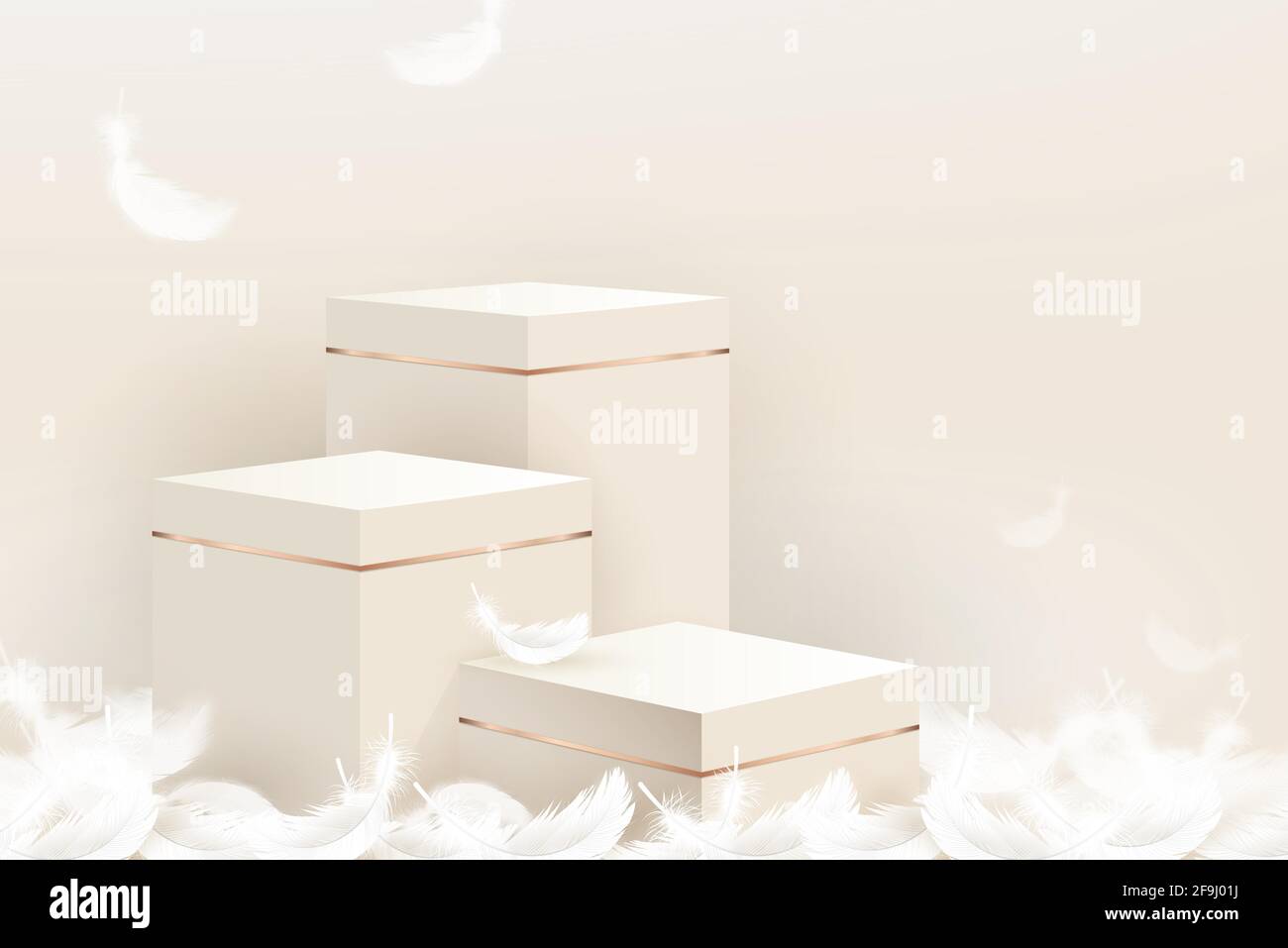 3D step podio mockup con piume su sfondo di colore beige per l'esposizione cosmetica e prodotto, illustrazione vettoriale Illustrazione Vettoriale
