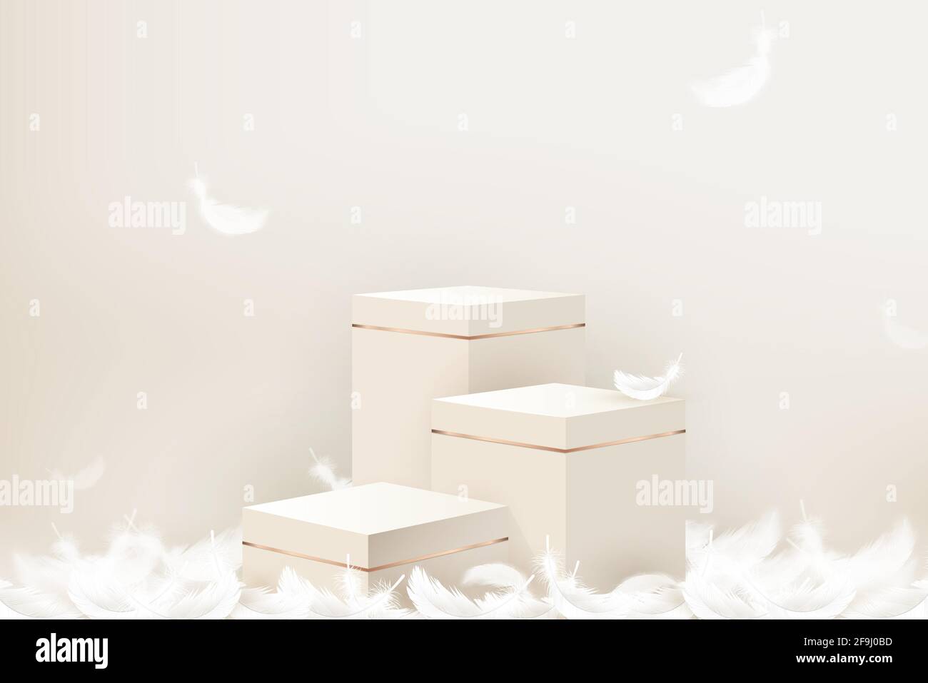 3D step podio mockup con piume su sfondo di colore beige per l'esposizione cosmetica e prodotto, illustrazione vettoriale Illustrazione Vettoriale