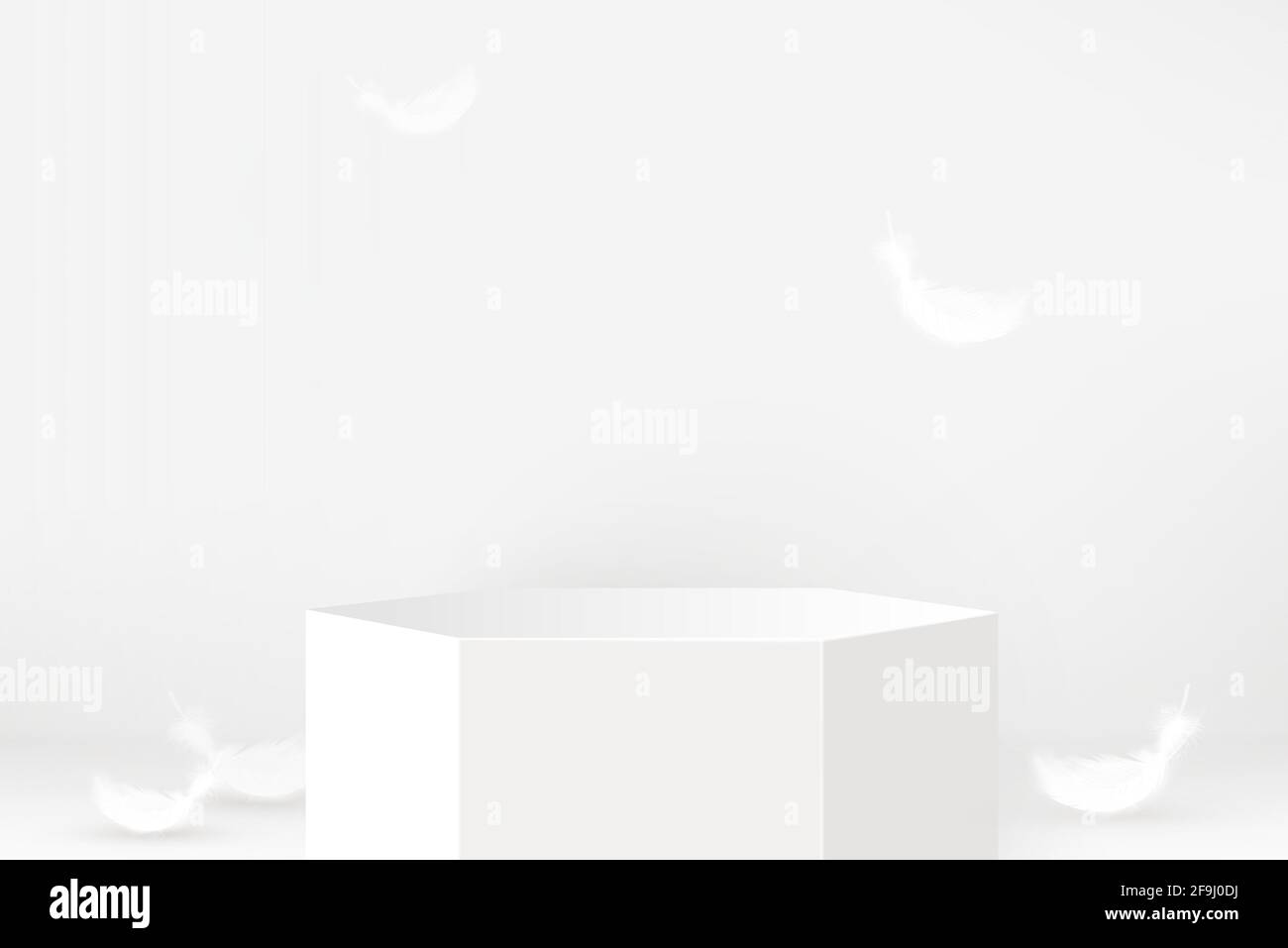 Palco 3D mockup con piume su sfondo bianco per esposizione cosmetica e prodotti, illustrazione vettoriale Illustrazione Vettoriale
