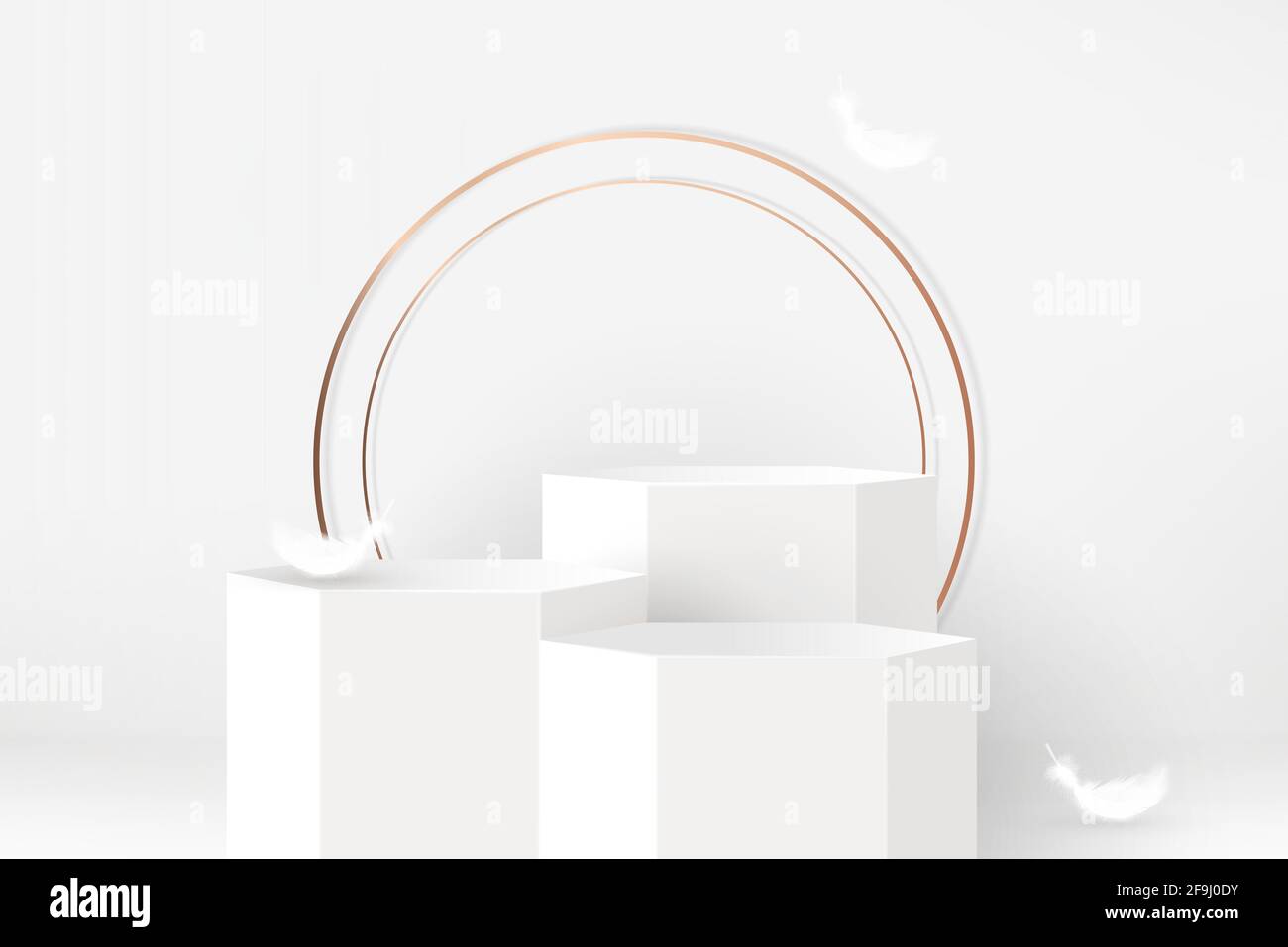 3 gradini podio mockup su sfondo bianco grigio con cerchi dorati e piume per esposizione cosmetica e prodotti, illustrazione vettoriale Illustrazione Vettoriale