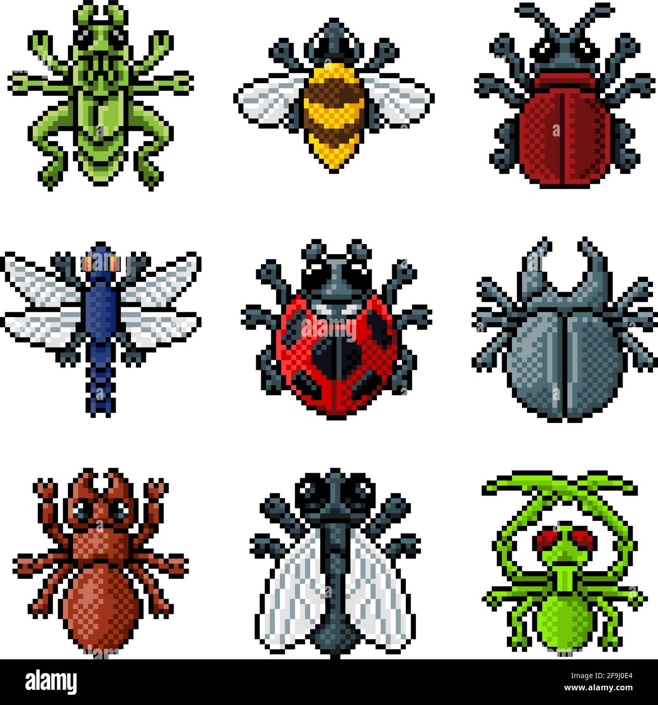 Bug Insect pixel Art Video gioco Beetle 8 bit icone Illustrazione Vettoriale