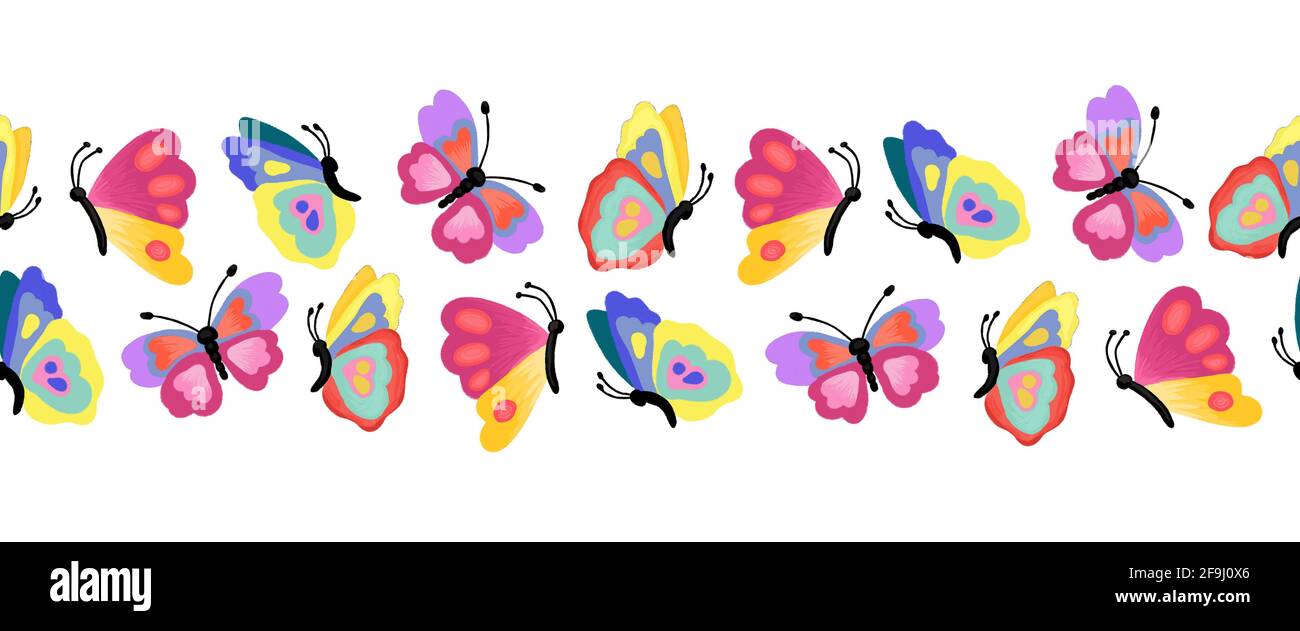 Bordo senza giunture a farfalla. Farfalle dipinte con pattern orizzontale ripetitivo. Striscioni colorati per rivestimenti in tessuto, cornice, piè di pagina, testata, nastri Foto Stock