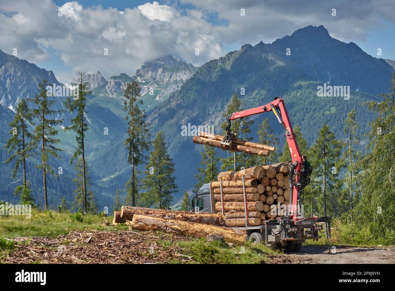 Verladen von Baumstämmen auf einen LKW, Sturmschaden, Lesachtal, Gailtaler Alpen, hinten die Karnischen Alpen, Kärnten, Österreich Foto Stock