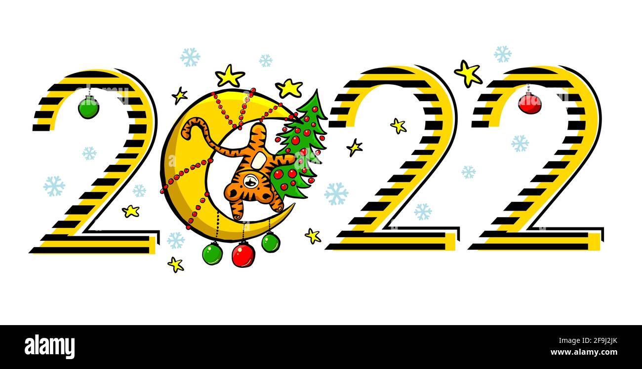 Anno 2022. L'anno della tigre. Allegro disegno infantile. Tigre carino. Illustrazione vettoriale Illustrazione Vettoriale