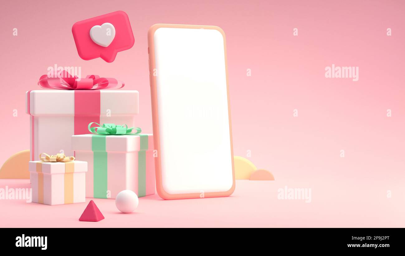 Telefono cellulare mockup schermo vuoto con scatole regalo in un Divertente e colorato stile cartoon 3D Foto Stock