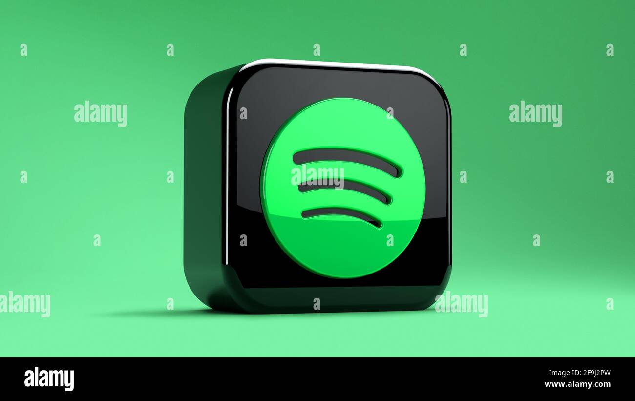 Valencia, Spagna - Aprile, 2021: Icona dell'app Minimal Spotify isolata su sfondo verde nel rendering 3D. Spotify è una delle più popolari strea musicali Foto Stock