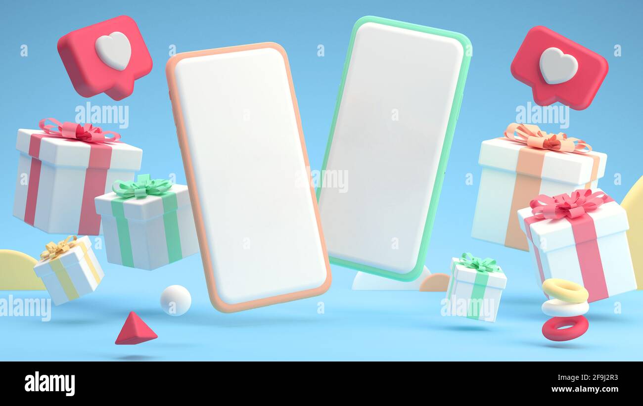 Due telefoni cellulari mockup schermo vuoto con confezioni regalo e. Piace in uno stile divertente e minimale cartoon 3D Foto Stock