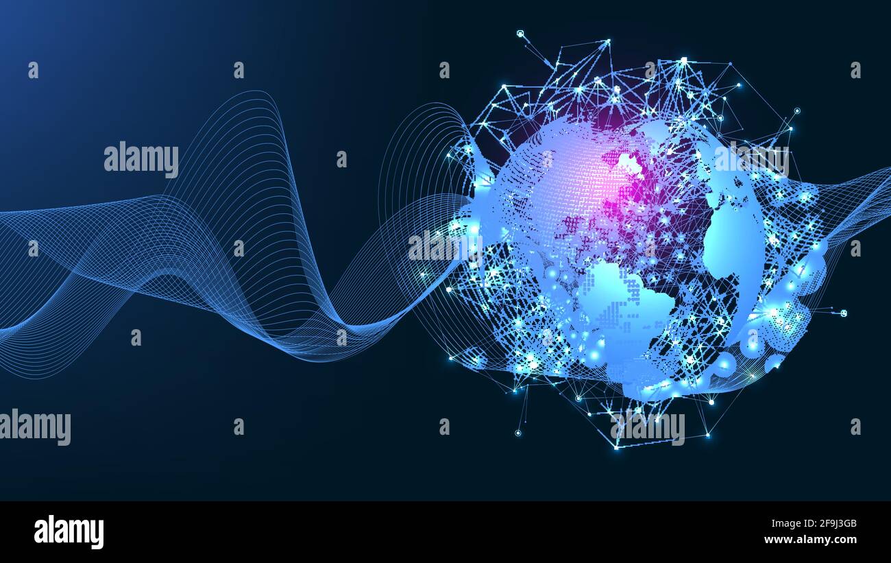 Connessione di rete globale aziendale. Concetto di composizione di punti e linee della mappa mondiale del business globale. Tecnologia Internet globale. Big data Illustrazione Vettoriale