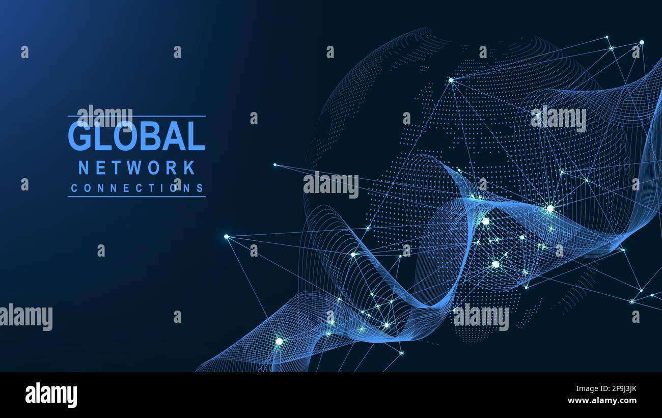 Connessione di rete globale aziendale. Concetto di composizione di punti e linee della mappa mondiale del business globale. Tecnologia Internet globale. Big data Illustrazione Vettoriale