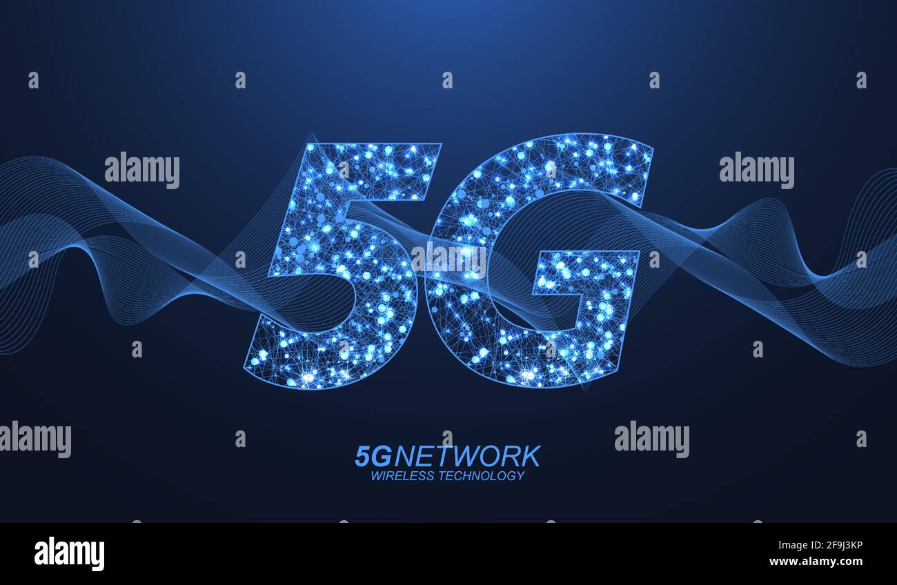 Concetto di tecnologia wireless di rete 5G. Icona banner Web 5G per aziende e tecnologia, segnale, velocità, rete, big data, Tecnologia, IoT e traffico Illustrazione Vettoriale