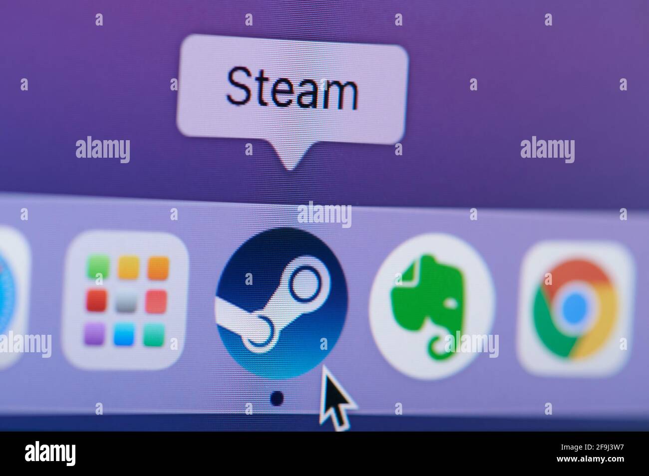 New york, USA - 19 aprile 2021:Fai clic e apri la piattaforma di gioco Steam sulla vista ravvicinata della macro sullo schermo del laptop Foto Stock
