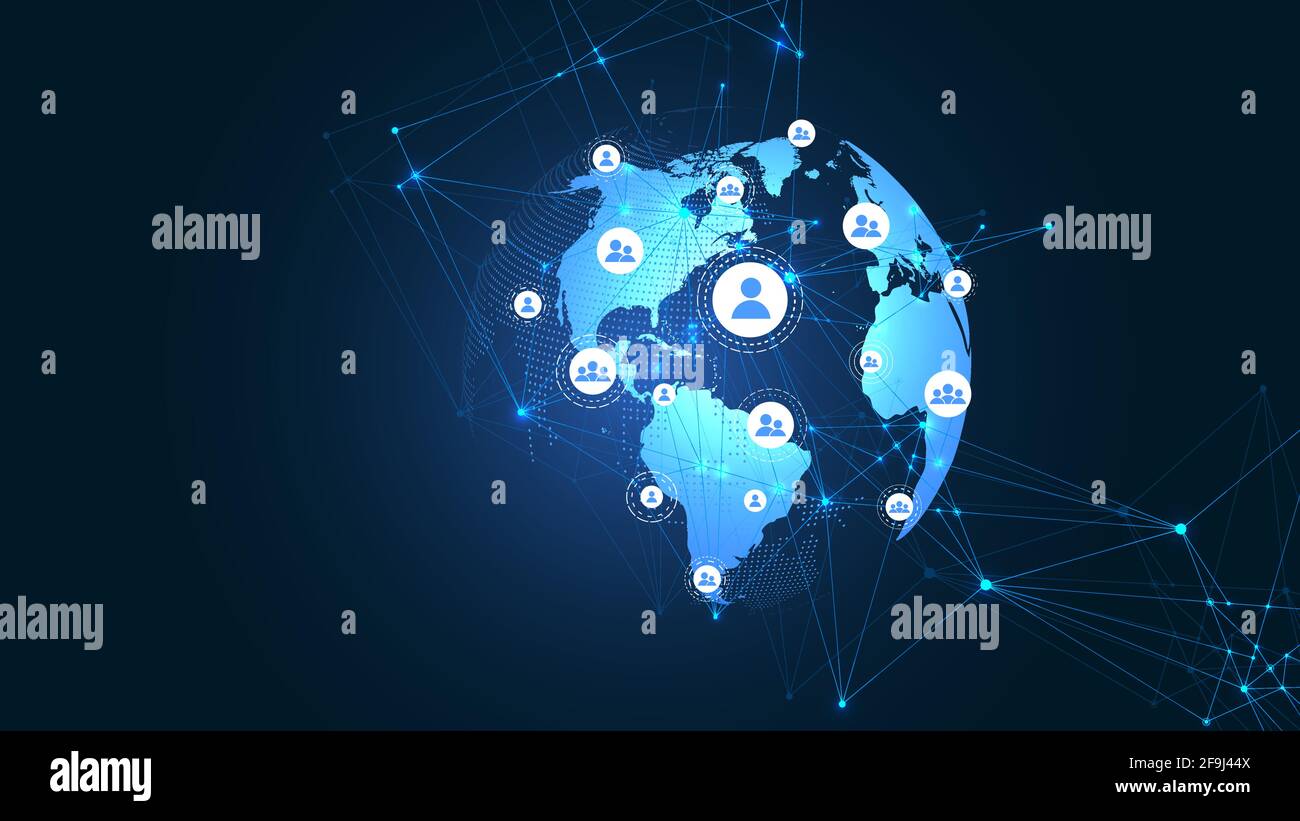 Connessione di rete globale aziendale. Concetto di composizione di punti e linee della mappa mondiale del business globale. Tecnologia Internet globale. Big data Illustrazione Vettoriale