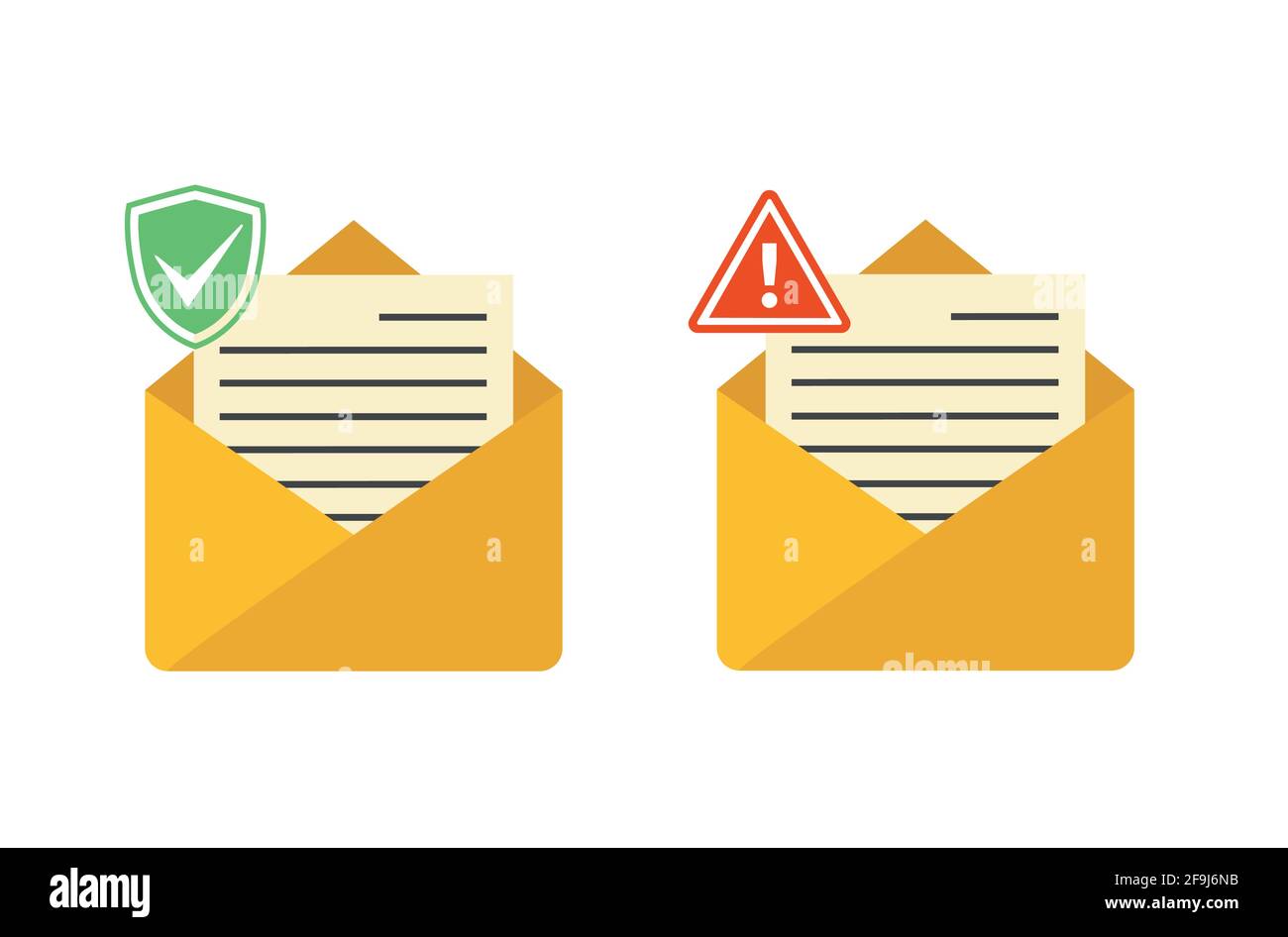 Icone e-mail impostate. Buste gialle con notifica, verifica, nuovo messaggio, lettera sospetta Illustrazione Vettoriale