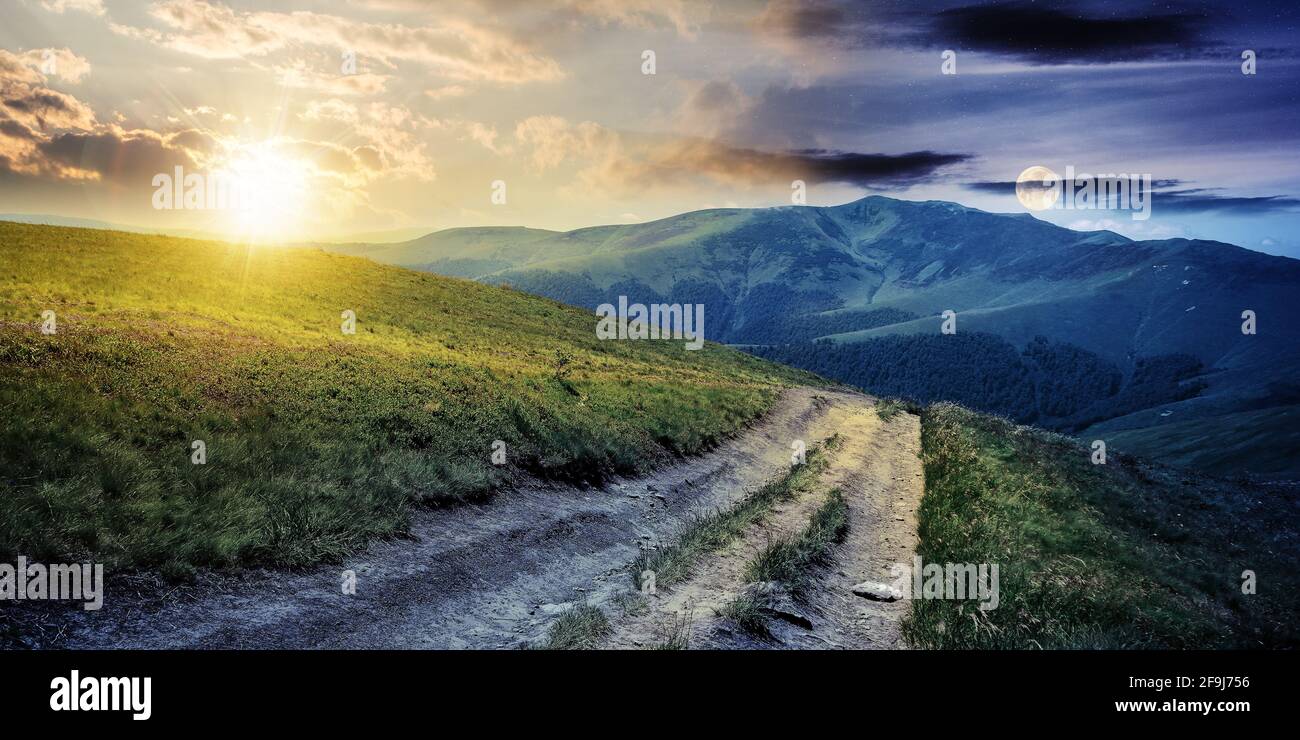 il concetto di cambiamento di giorno e di notte sopra il paesaggio di montagna in primavera. percorso attraverso prato in erba sulla collina con sole e luna. westhe meravigliose Foto Stock
