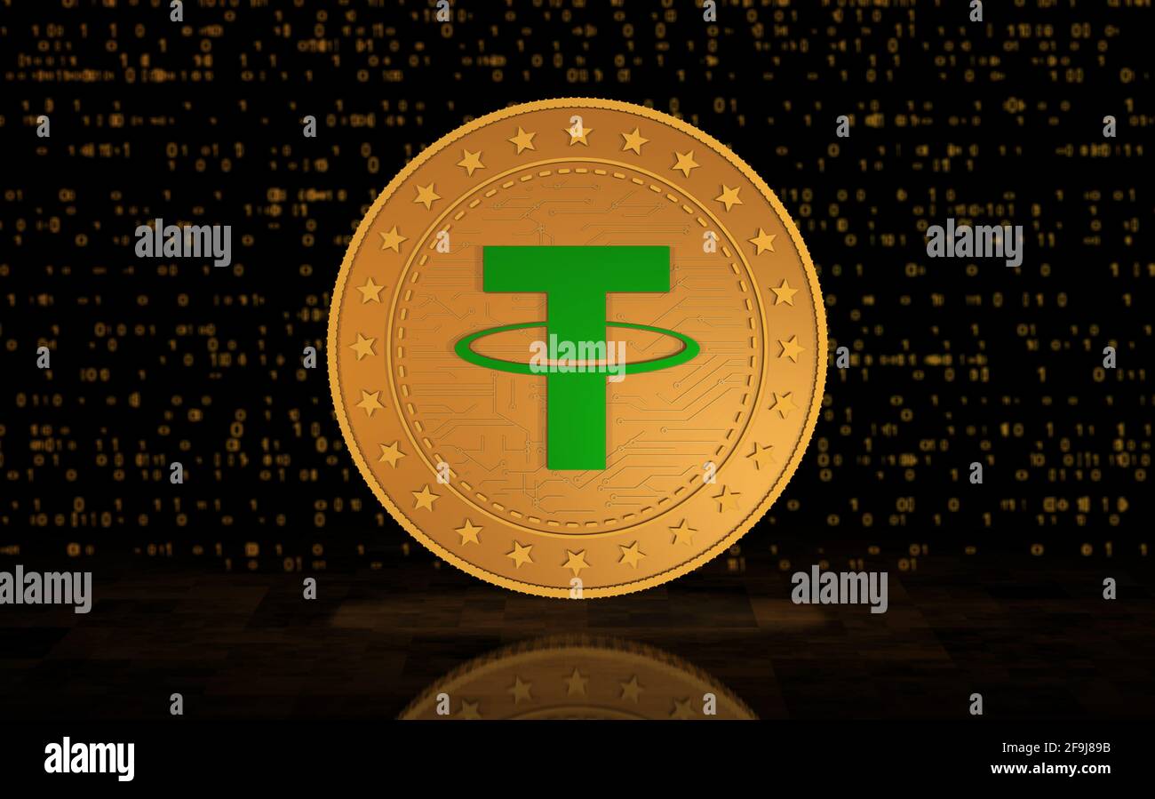 Laccio simbolo criptovaluta moneta d'oro su sfondo verde dello schermo. Illustrazione 3d del concetto astratto. Foto Stock