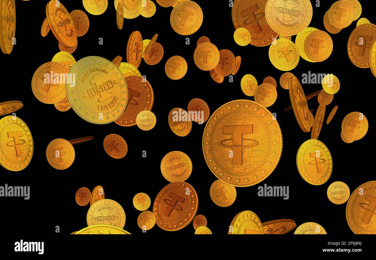 Laccio simbolo criptovaluta moneta d'oro su sfondo verde dello schermo. Illustrazione 3d del concetto astratto. Foto Stock