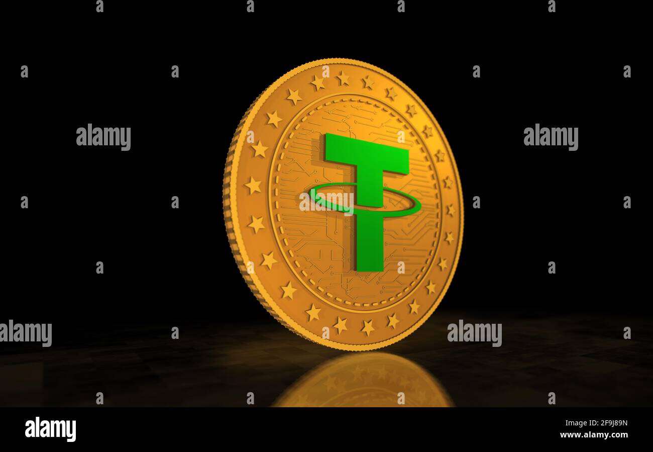 Laccio simbolo criptovaluta moneta d'oro su sfondo verde dello schermo. Illustrazione 3d del concetto astratto. Foto Stock