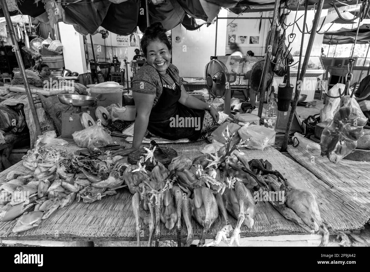 Un sorridente donna locale vende carni fresche a Phsar Chas Market (Mercato Vecchio) Phnom Penh Cambogia. Foto Stock