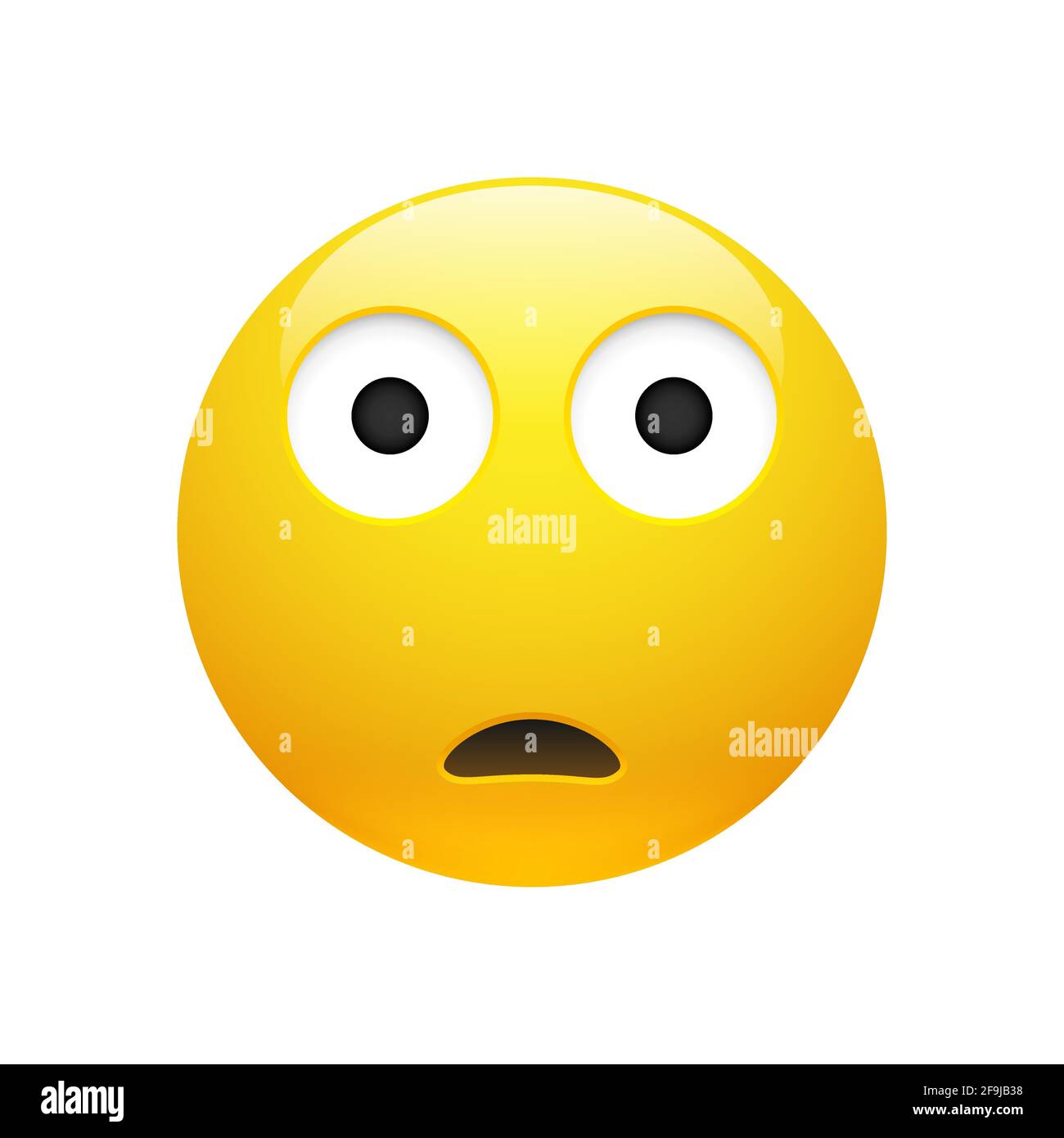 Vettore Emoji giallo triste volto sorpreso con gli occhi e la bocca su sfondo bianco. Icona divertente Emoji. Illustrazione 3D per chat o messaggi. Illustrazione Vettoriale