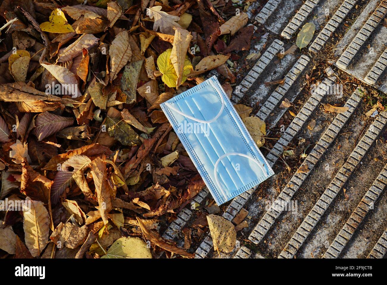 Einweg-Schutzmaske auf dem Boden neben Herbstlaub, Mund-Nase-Bedeckung, Infektionsschutz gegen Covid 19, Berlin, Deutschland Foto Stock