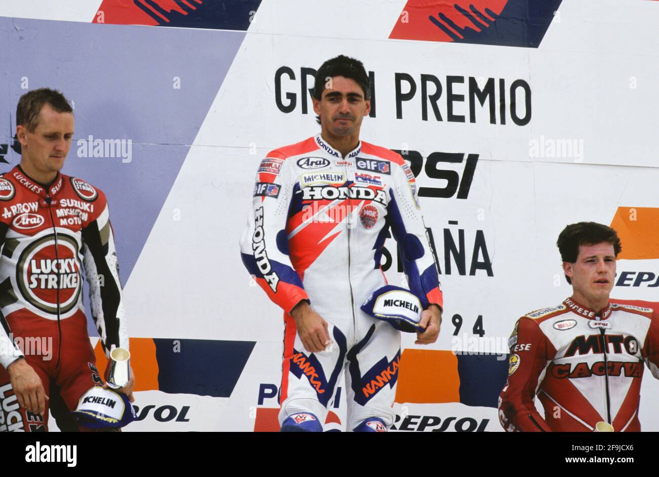 Schwantz, Doohan, Kocinski, Celebration Gran Premio di motociclo spagnolo, Jerez 1994 Foto Stock