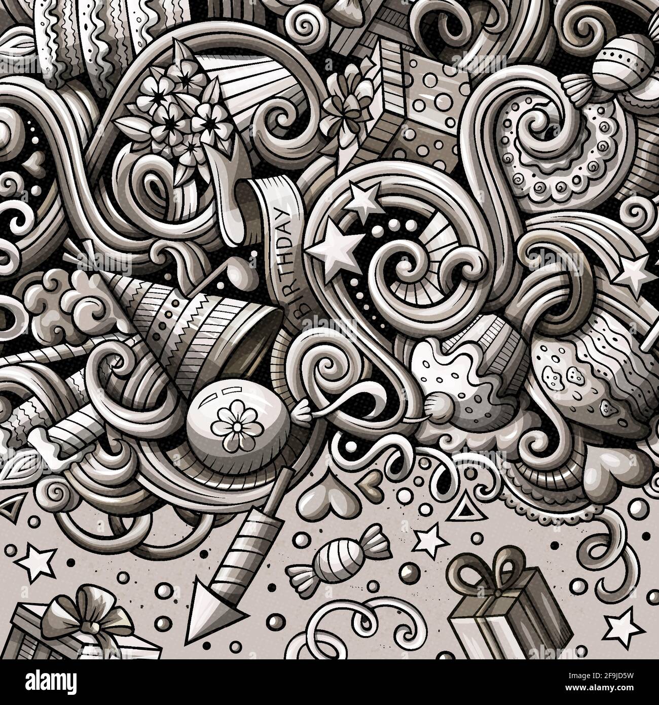 Cartoon carino doodles disegnati a mano cornice vacanze design. Monocromatico dettagliato, con molti oggetti di sfondo. Illustrazione vettoriale divertente. Bordo tonato w Illustrazione Vettoriale