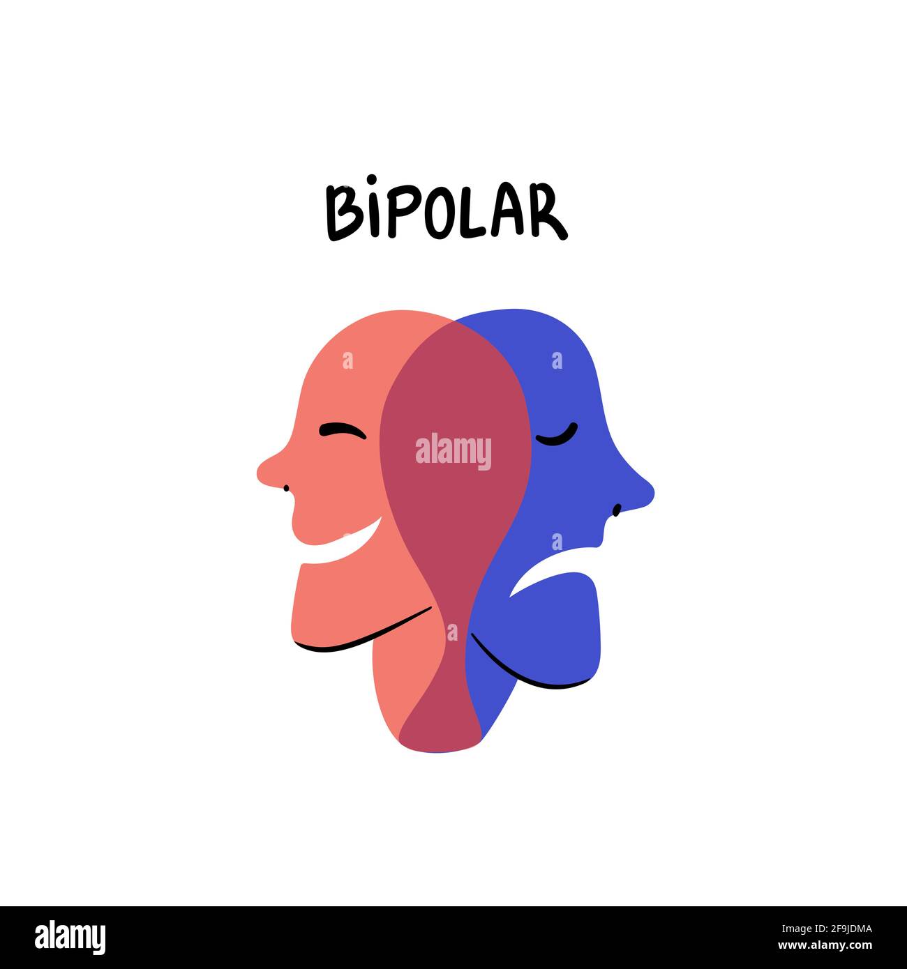 Psicologia. Bipolare. Teste sorridenti e tristi si fondono in una persona che soffre di disturbo bipolare. Illustrazione vettoriale piatta stile Doodle Illustrazione Vettoriale