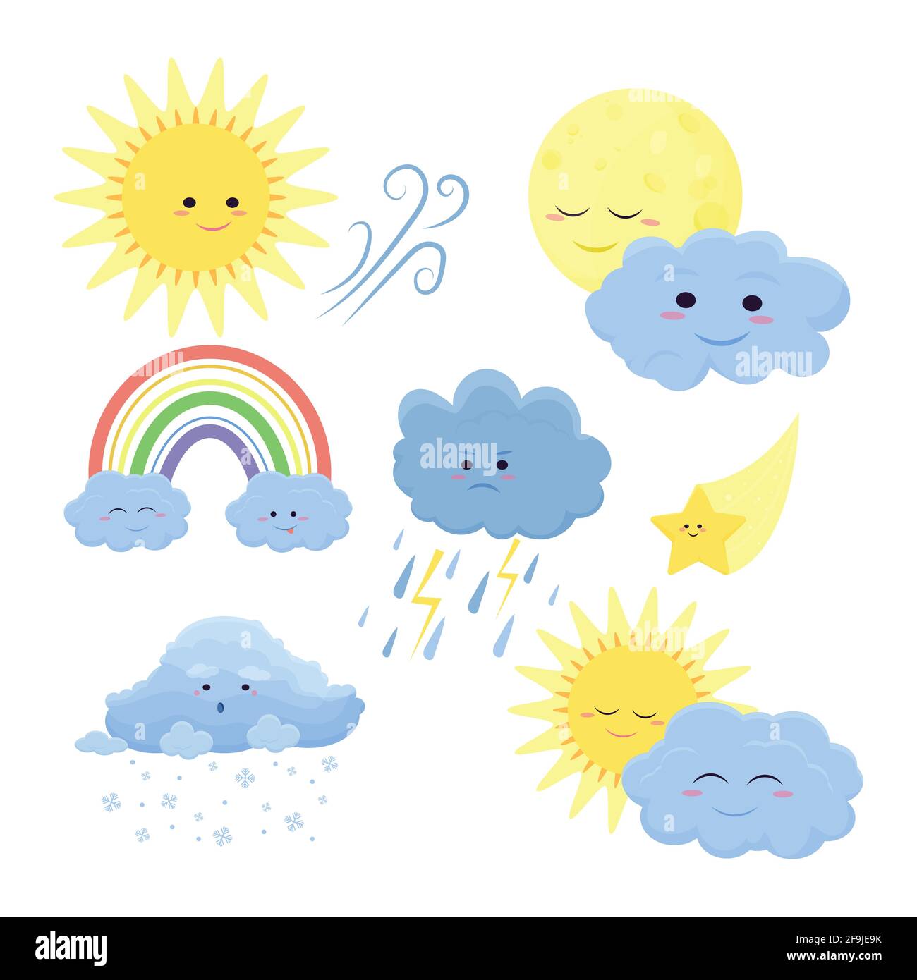 Simpatico icone meteo ambientato in stile piatto cartoon isolato su sfondo bianco. Illustrazione vettoriale di sole, pioggia, tempesta, neve, vento, luna, stella, arcobaleno. F Illustrazione Vettoriale
