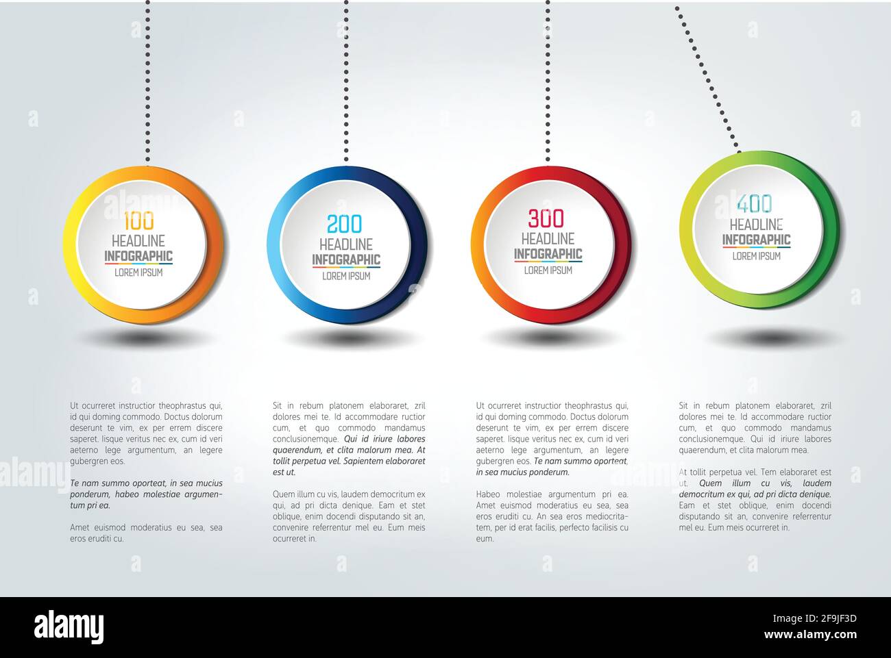 Banner opzione vettore infografico con pendolo. Sfere colorate, palline, bolle. Modello infografico. Illustrazione Vettoriale